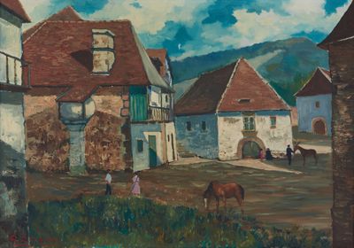 a painting of a town with a horse in the foreground