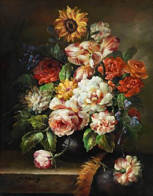 tableau représentant des fleurs dans un vase noir posé sur une table