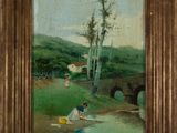 an oil painting of two children playing in a stream