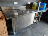 a stainless steel sink in the middle of a kitchen