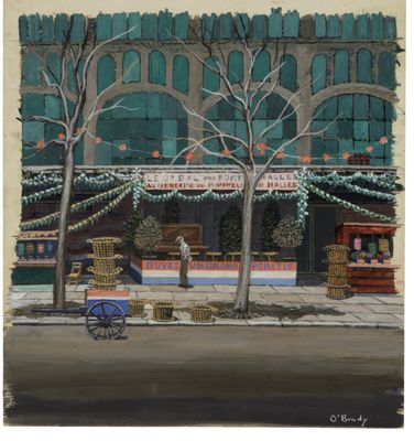 an image of a painting of a street scene with a horse and buggy in front of a building