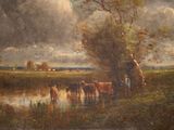 a painting of a group of horses by a stream