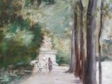 an oil painting of a couple walking down a path in a park