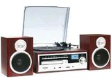 an image of a stereo system with speakers and a record player