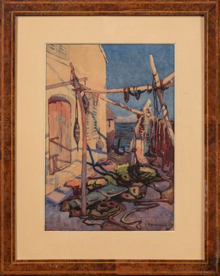 une image représentant un tableau représentant une scène de rue avec un homme et un chien