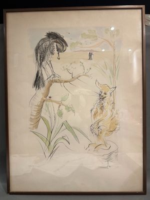 a drawing of a woman and a cat in a glass case