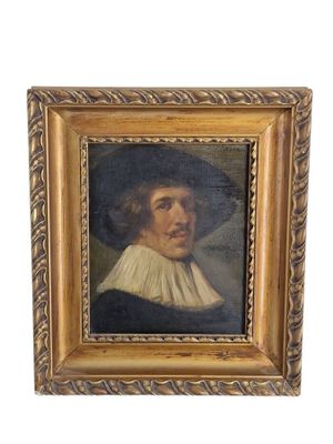 un vieux tableau représentant un homme portant un chapeau et un col à volants