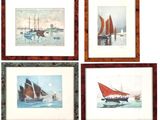 four framed pictures of boats on a body of water with a full moon in the background