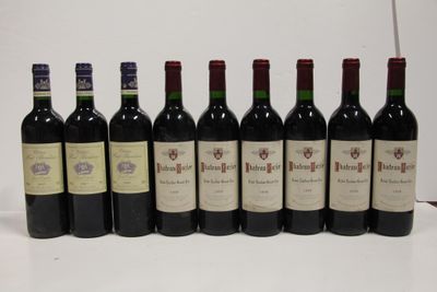 six bottles of red wine lined up in a row on a table
