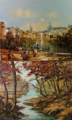 deux photos : l'une représentant un tableau représentant une rivière et l'autre représentant un tableau représentant une ville