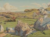 a painting of a village with a windmill in the background