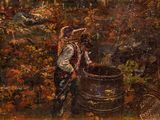 painting of a man standing next to a barrel of water in a forest