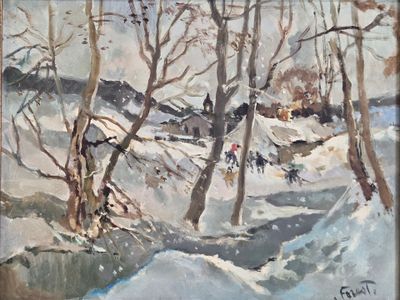 painting of a painting of a snowy landscape with trees in the foreground
