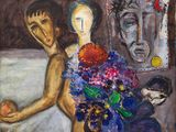 a painting of a woman holding a bouquet of flowers
