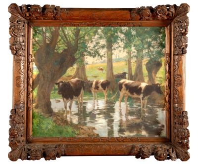 a painting of cows drinking from a stream in the woods
