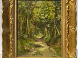 une peinture à l'huile d'un chemin dans une forêt avec des arbres