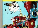 french comic book cover of a train with a cartoon character on it
