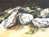 un tableau représentant des huîtres posées sur une table recouverte de feuilles