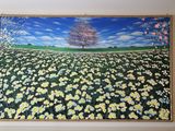 tableau représentant un champ de marguerites avec un arbre en arrière-plan