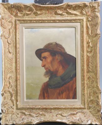 tableau représentant un vieil homme portant un chapeau et une écharpe, dans un cadre doré