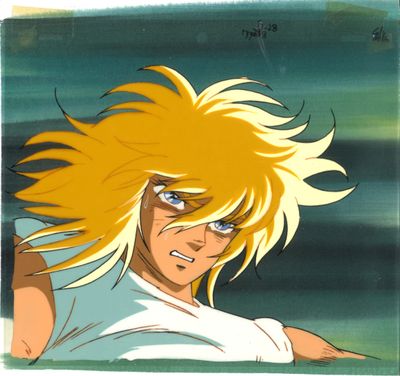 a close up of a cartoon character with blonde hair and blue eyes