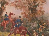 tableau représentant deux hommes à cheval dans une zone boisée, avec des chiens à proximité