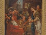une peinture à l'huile représentant une crèche avec une mangeoire et d'autres personnages