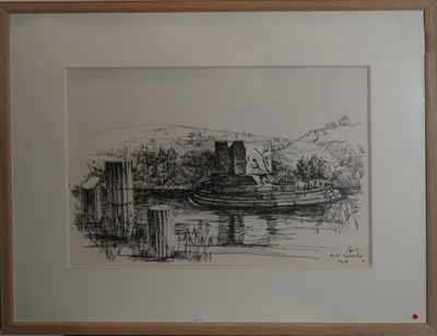dessin représentant un bateau sur un lac, avec un château en arrière-plan