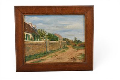 une peinture à l'huile représentant un chemin de terre avec une maison en arrière-plan