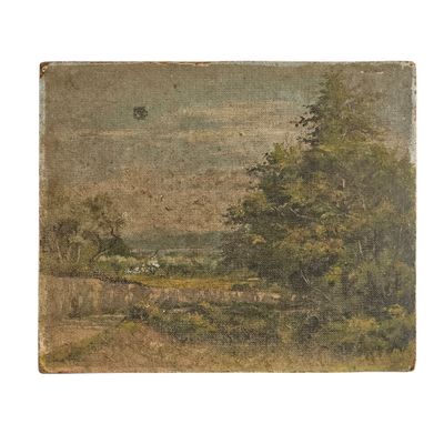 une image d'un tableau représentant un paysage avec des arbres au premier plan