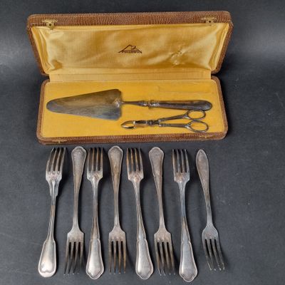 five forks and a knife in a case on a table