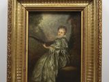 a painting of a woman in a green dress holding a fan
