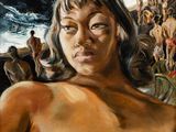 an oil painting of a woman standing in front of a crowd of people