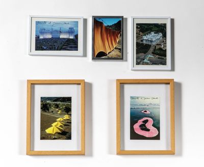 four framed photographs of different types of art hanging on a wall