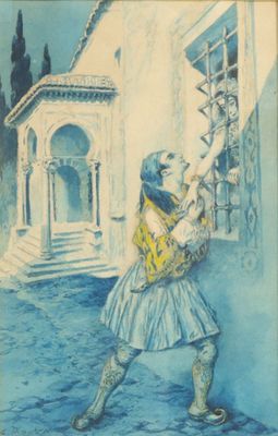 tableau représentant une femme en robe bleue tendant la main vers un immeuble