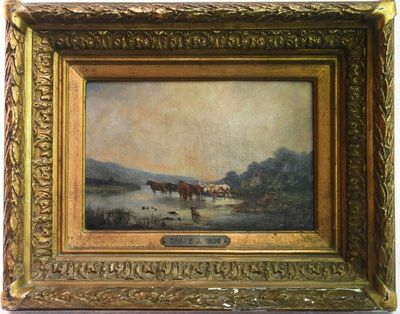 an image of a painting of a river scene with cattle