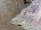 an oil painting of a woman in a white dress holding an umbrella