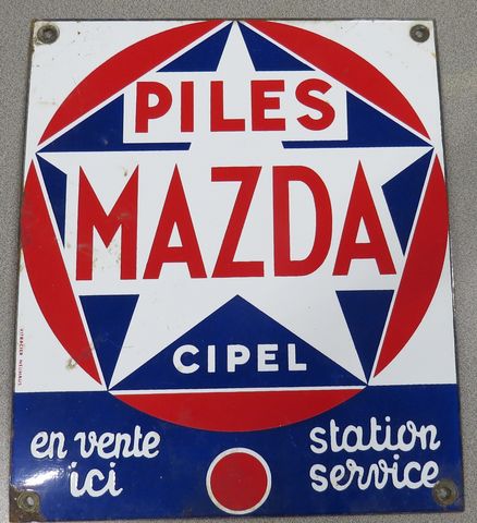 Plaque émaillée « PILES MAZDA CIPEL, Station-service, En vente ic
