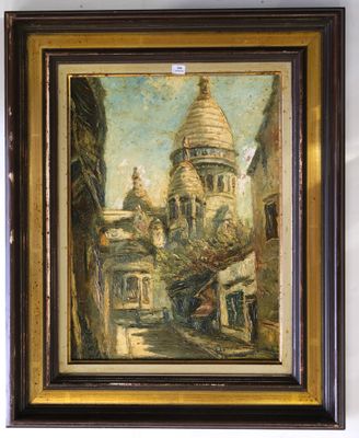 an oil painting of a street scene with a church in the background