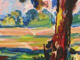 an oil painting of a tree in the middle of a field