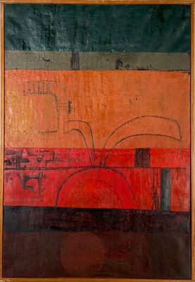 tableau abstrait orange et noir sur un châssis en bois