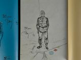 sketches of a man in a suit and tie standing on a street corner