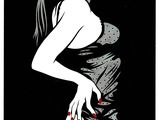 a black and white drawing of a woman with red nails