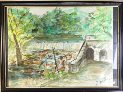une peinture représentant une peinture d'un pont dans les bois