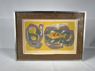 tableau représentant un poisson et un bocal, dans un cadre en bois