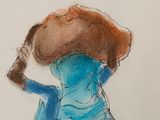 a drawing of a woman with a hat on her head