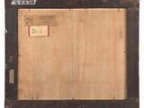 an old picture of a wooden frame with a label on it