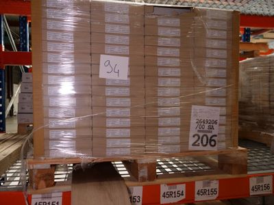 a pallet with a lot of boxes on it in a warehouse