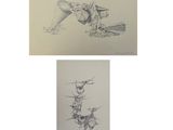 trois dessins représentant un homme à skis et une femme en snowboard