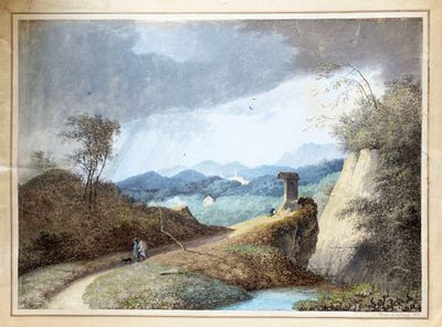 tableau représentant un paysage avec un homme et une femme marchant sur un sentier